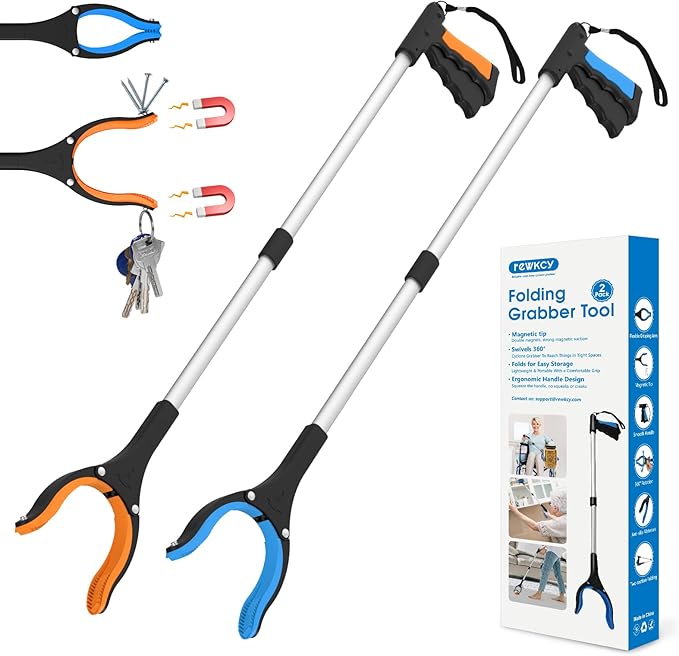 34" Grabber Reacher Tool, 2-Pack Foldable Reacher Grabber Pickup Tool with 360° Rotating Jaw & Magnets, Grabber Tool Heavy Duty