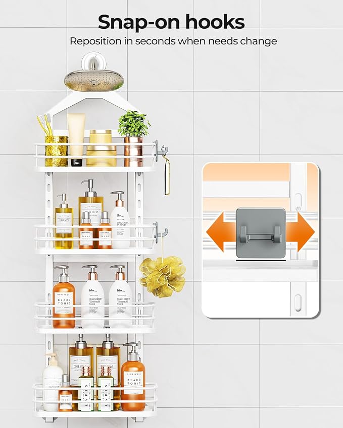 ODesign 4 Tier Height-Adjustable Shower Caddy Hanging Anti-Swing-Over The Shower Head Caddy-Storage Organizer Bathroom Shelves Basket-White