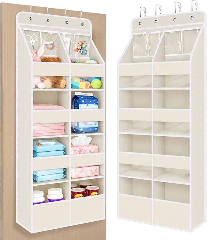 Univivi 5-Shelf Fabric Baby Door Storage Over Door Hanging Organizer with 8 Deep Pockets and 4 Small PVC Pockets Wall Mount Hanging Storage Organizers for Baby Essential (Beige)