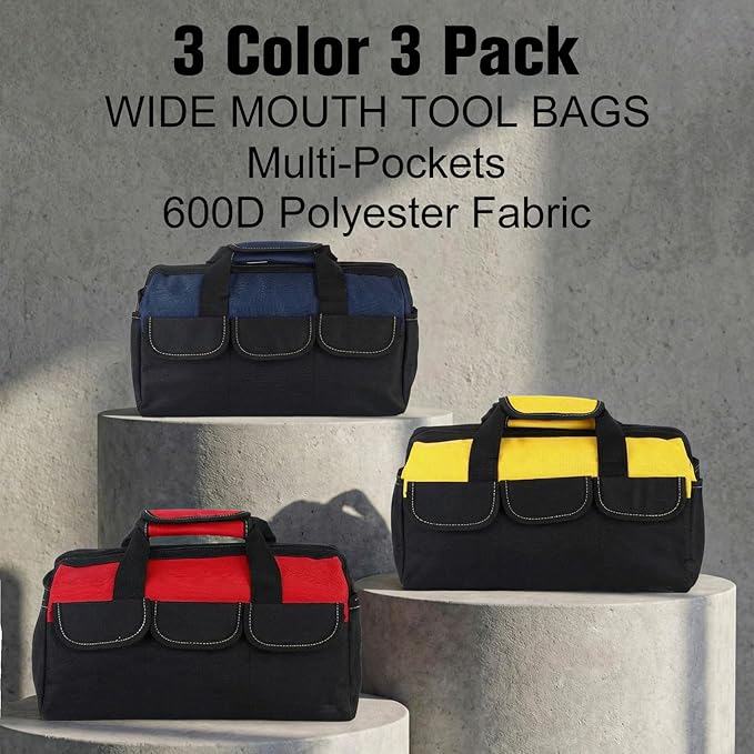 Sanwuta 3 Pack Tool Bag for Men with Waterproof Hard Bottom, Heavy Duty Tool Bag Wide Mouth Tote for Various Instrument, Electrician Carpenter Mechanic (Blue, Red, Yellow,16 Inch,Side Pockets)