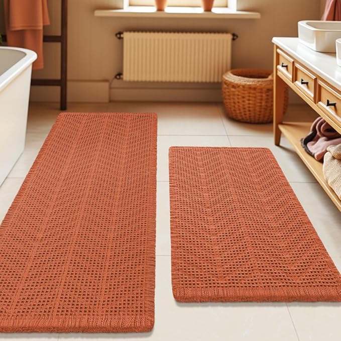 Upgrade Waffle Bath Mat Set 2 Piece, Boho Bathroom Rugs Absorbent Non Slip, Ultra Soft Bathroom Mat, Machine Washable Knit Bath Rugs with Herringbones for Bathroom,Bedroom, Shower, Tub, Burnt Orange