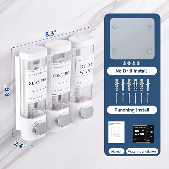 Shower Soap Dispenser Wall Mounted No Drill Shampoo Dispenser for Shower Wall Shampoo and Conditioner Dispenser Bathroom Hotel 3 * 300ml White with 3 Labels