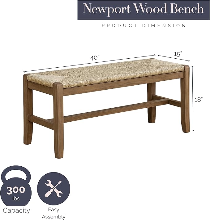 Alaterre Furniture Newport 40 Inch Solid Wood Entryway Bench - Modern Farmhouse Indoor Decorative Bench with Natural Seagrass Rush Seat - Furniture for Entryway, Dining Room, or Kitchen (Natural)