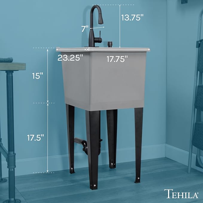 Grey Space Saver Utility Sink by JS Jackson Supplies, Freestanding Tehila Space Saving Laundry Tub, Matte Black Pull-Down Faucet, Soap Dispenser