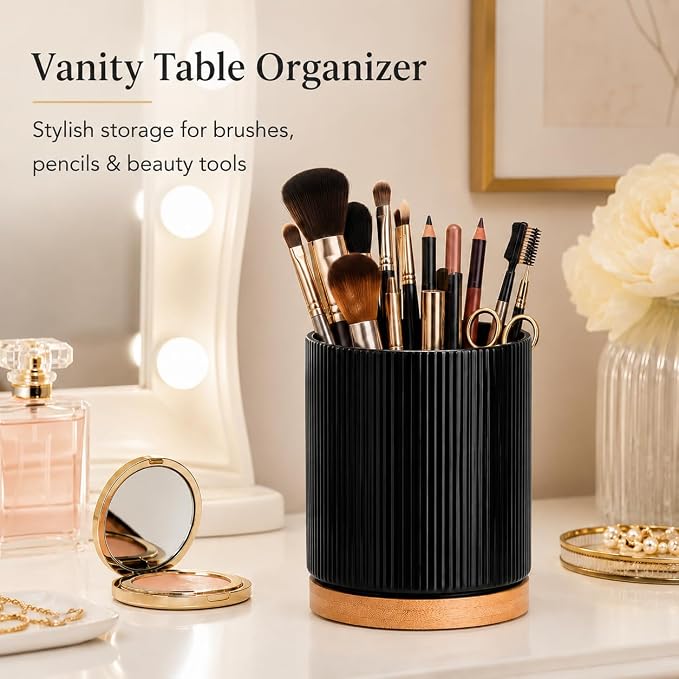 QUELIEN Utensil Holder, 360° Rotating Ceramic Kitchen Utensil Holder for Countertop, 7.7" Utensil Crock for Kitchen Counter with Rotatable Wooden Base,Ideal Housewarming Gift & Mothers Day Gift
