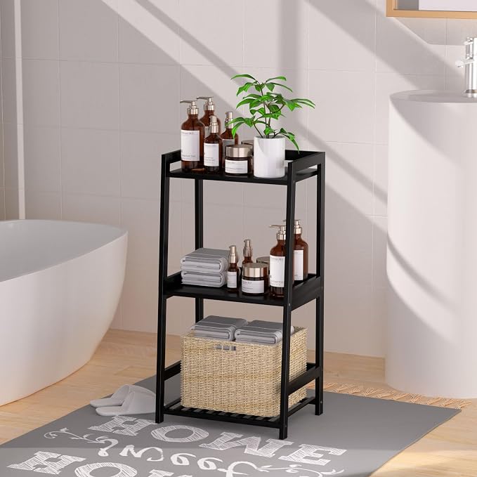 POXAKA 3 Tier Bamboo Bathroom Shelves, Ladder Shelf for Storage, Rustic Home Organizer, Space-Saving Design, Stylish Display Nightstand, Stylish Storage Solution for Home, Living Room, Kitchen