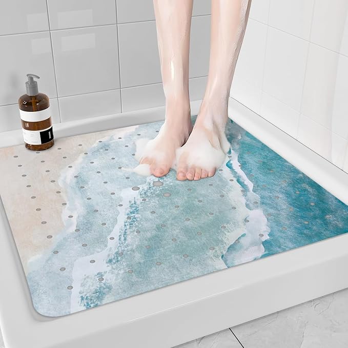 Beach Square Anti Slip Shower Mats for Inside Shower Accessories, Cute Bath Mats for Bathroom Non Slip Shower Floor Mat Sea Decor Rubber Bathmat with Suction and Drain Holes Machine Washable, 21″X21″