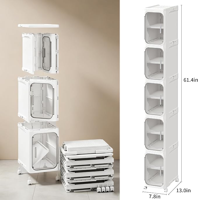 LXLXXL 5-Tier Narrow Storage Cabinet Slim Bathroom Storage Cabinet with Movable Wheels Tall Bathroom Organizer Skinny Cabinet for Small Spaces, White