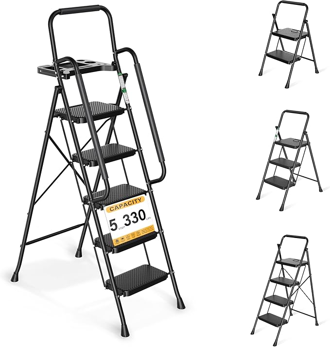 Arbusb Step Ladder, Folding Step Stool with Wide Anti-Slip Pedals, Sturdy Steel Ladder with Handrail, Space-Saving, Portable for Home & Adults, 5 Step Ladder
