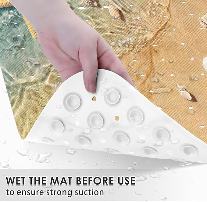 Starfish Seashell Summer Bath Mat Non Slip, Beach Ocean 40 X 16 Inch Extra Long Bathtub Shower Mat for Tub Anti Slip with Suction Cups and Drain Holes for Kids Adults Elderly