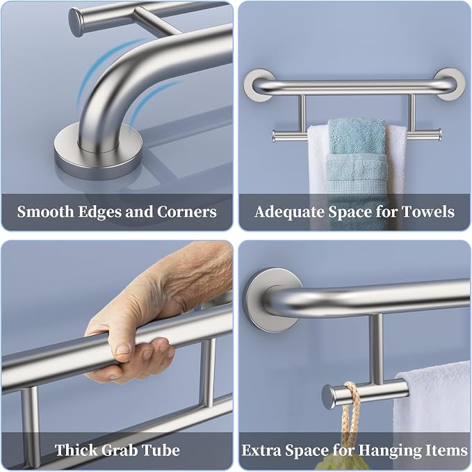 Brushed Nickel Grab Bar 17 Inch w/Towel Holder, iHansee Stainless Steel Shower Towel Bar Bathroom Balanced Support Handle, Wall Mount Safety Handrail Grab Rail for Elderly Senior Handicap Disabled