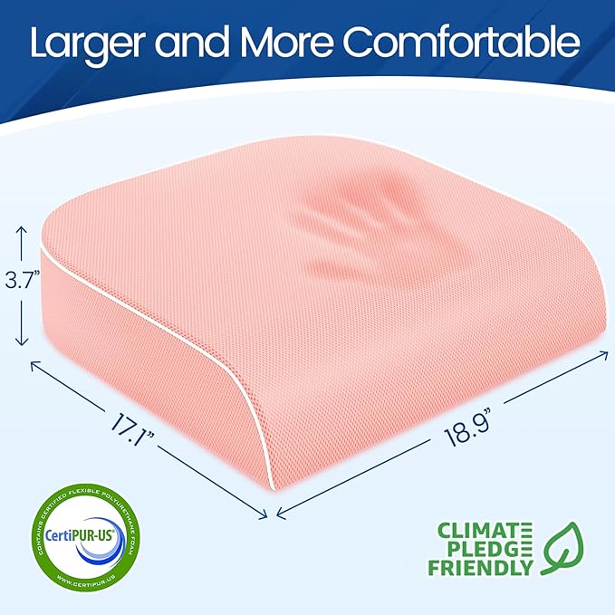 SweetSlubr Seat Cushion for Tailbone Pain Relief, Office Chair Cushion, Memory Foam Large Chair Cushion with Non-Slip Cover for Soft Support at Office Chair, Car Seat, Airplane Pink/2X-Large