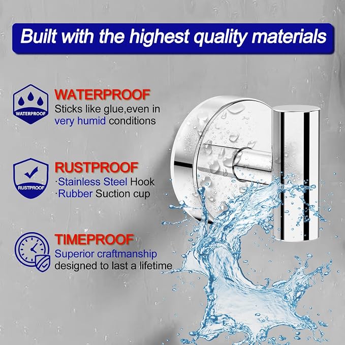 Bntuk Suction Cup Hooks, Shower Hooks for Inside Shower – Removable Towel Hooks for Bathroom Window Glass Mirror Tile, Bath Robe Looafh Hook for Hanging – Waterproof & Rustproof, Chrome (2 Pack)
