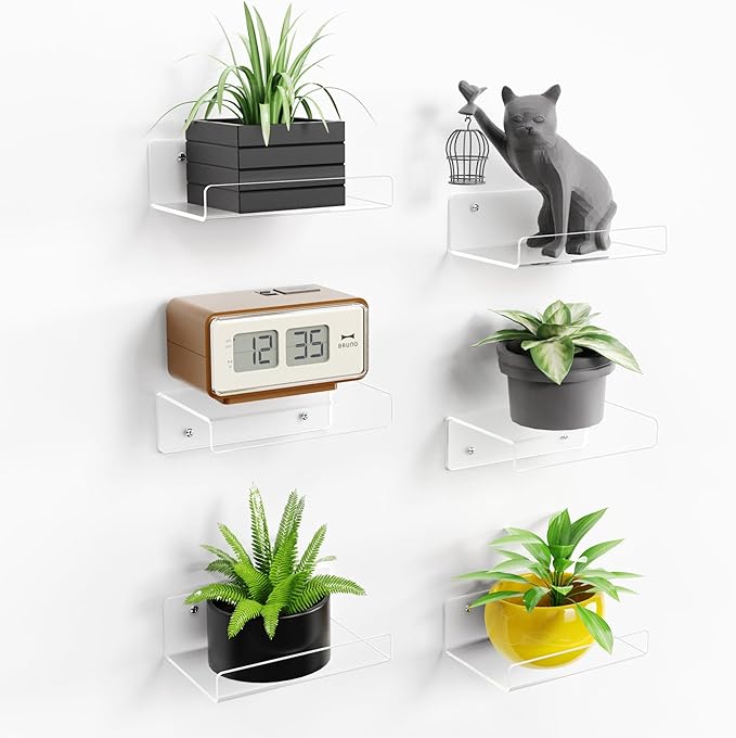 upsimples 6 Pack 6x4 Inches Acrylic Small Shelves, Floating Shelves for Wall, Display Shelf Organizer for Plants, Speaker, Radio, Toys, Clear