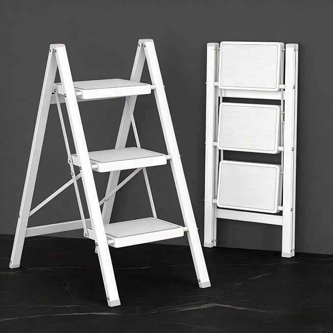 DIAMONDFORGE 3 Step Folding Ladder, Heavy Duty Steel Step Stool with Anti-Slip Wide Pedal & Anti-Slip Feet, 600 lbs Capacity, Safety Ladder for Home and Office, White