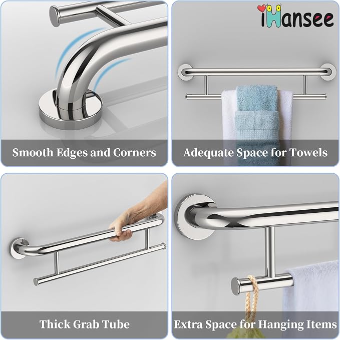 Polished Chrome Grab Bar 24 Inch w/Towel Holder, iHansee Stainless Steel Towel Rack Shower Support Balanced Support Handle, Wall Mount Safety Handrail Grab Rail for Elderly Senior Handicap Disabled