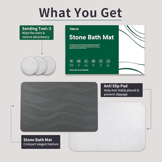 XMarrat Stone Bath Mat, 23.6'' x 15.4'' Super Absorbent Diatomaceous Earth Bath Mat Large, Quick Drying Non-Slip Diatomite Stone Bath Mats for Bathroom, Easy to Clean (Dark Gray)