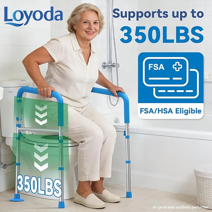 Loyoda Toilet Safety Rails for Seniors, Adjustable Height Toilet Handles for Elderly and Disabled, One-Button Width Adjustment, Foldable Handles, 350 LBS, Toilet Bars Fit Most Toilets