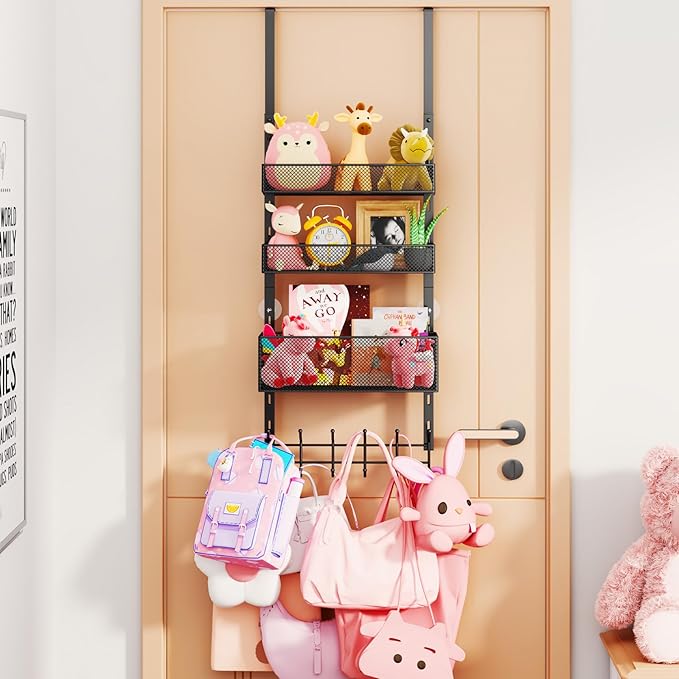 Consumest Over The Door Hooks Organizer - 4 Tier Door Coat Rack with 3 Baskets & 12 Hooks, Stainless Steel Towel Hanger for Bedroom, Bathroom, Living Room, Black