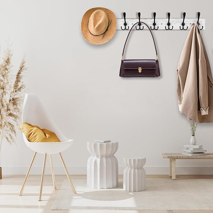 Kuhome 32.2'' Large Coat Rack Wall Mount Coat Hooks with 8 Metal Black Triple-Hooks Old White Pine Real Wood Plank Hat Rack for Wall Hooks