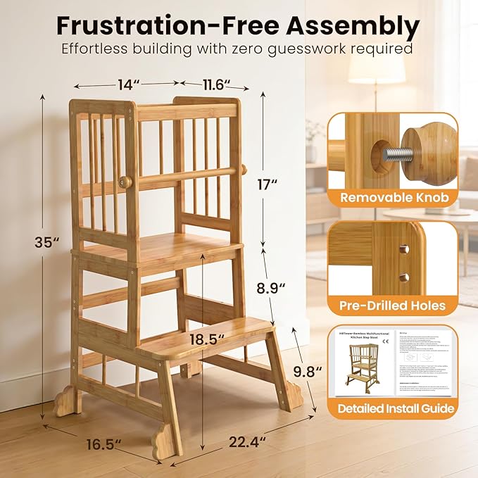 HBTower Kids Kitchen Step Stool with Safety Rails & Anti-Slip Feet,Toddler Standing Tower for Kitchen Counter Learning - Hold Up to 450lbs,Anti-Slip Feet Toddlers Learning Tower,Natural Bamboo