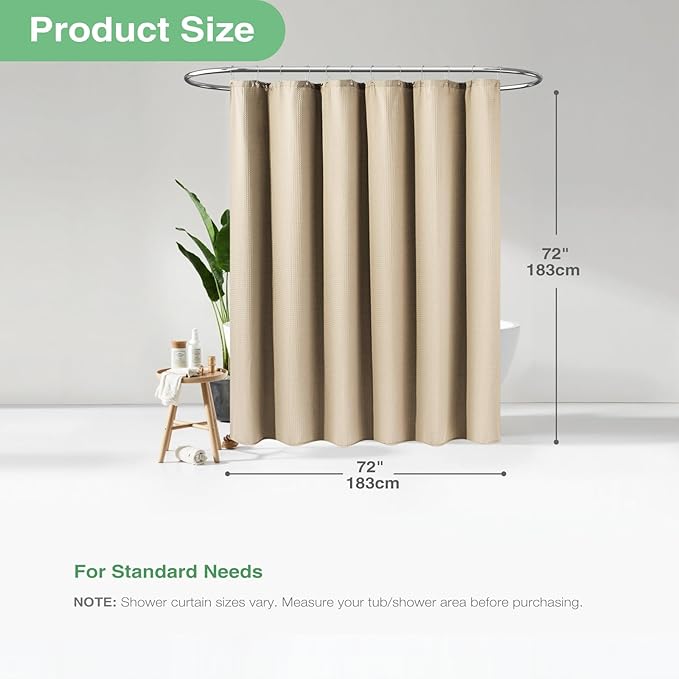 Dynamene Beige Fabric Shower Curtain - Waffle Textured Heavy Duty Cloth Shower Curtains for Bathroom, 256GSM Hotel Spa Luxury Weighted Bath Curtain Set with 12 Plastic Hooks,72x72, Beige/Khaki