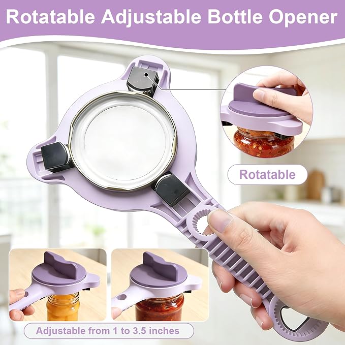 Multi-Functional 4-in-1 Jar Opener, Adjustable Stainless Steel Bottle Opener for Multi Size Jar Bottles with Ergonomic Non-Slip Handle Grip, Kitchen Helper for Seniors Weak Hands Arthritis