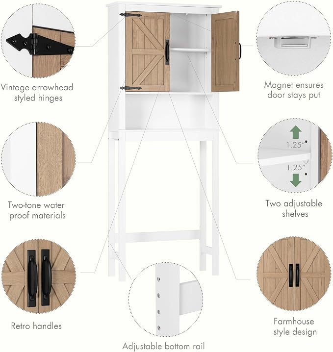 Spirich Over The Toilet Storage Cabinet, Farmhouse Over Toilet Bathroom Organizer with Wood Grain Barn Doors and Adjustable Shelves