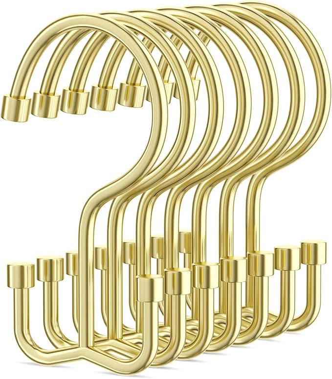 Goowin Shower Curtain Hooks, Shower Curtain Rings, Durable Gold Shower Curtain Hangers, Smooth Glide Double Hook Shower Curtain Hooks, Simple Shower Hooks for Shower Curtain, Gold, 12 Pack-Cylinders
