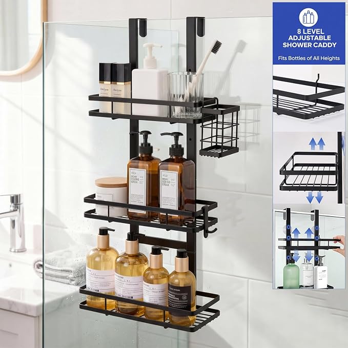 Over the Door Shower Caddy Hanging, Rustproof Shower Shelves with Waterproof Phone Pouch, 3-Tier Adjustable Bathroom Organizers and Storage, No Drilling Shower Shelf, Black Shampoo Soap Holder