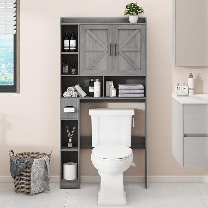 Vabches Over The Toilet Storage Cabinet, Farmhouse Style with 2 Barn Doors, Toilet Paper Holder, Space-Saving for Bathroom & Laundry, Gray