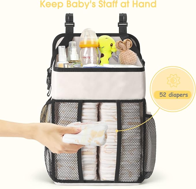 Maliton Hanging Diaper Organizer - Caddy for Changing Table, Crib, Pack n' Play - Stacker Holds 52+ Diapers - Nursery Organizer & Baby Shower Gifts - Beige