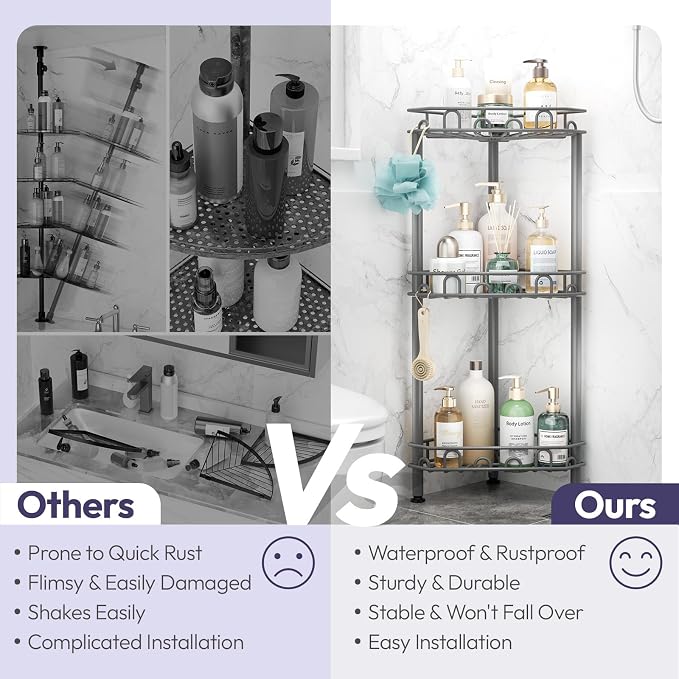 SWTYMIKI Standing Shower Caddy Corner - 3‑Tier Stainless Steel Shower Organizer Shelf with 12 Hooks and Adhesive Pads, Rustproof Corner Shelves Stand Rack for Bathroom Shower Room, Gray