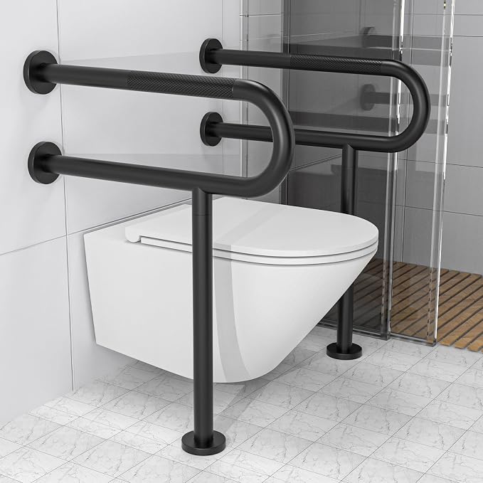 Toilet Support Rail 24X 28 Inch, Munzong Anti-Slip Black Handicap Grab Bar for Bathroom, Stainless Steel Knurled Safety handrails with Leg for Elderly Disabled Pregnant-1.25’Tube