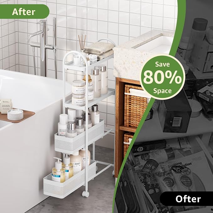 KINGRACK 4-Tier Slim Storage Cart with Pull Out Basket, Rolling Bathroom Organizer Utility, Metal Shelving Unit Slide Out, Lockable Wheels, Easy Assembly for Narrow Place, Kitchen, Laundry Room, White