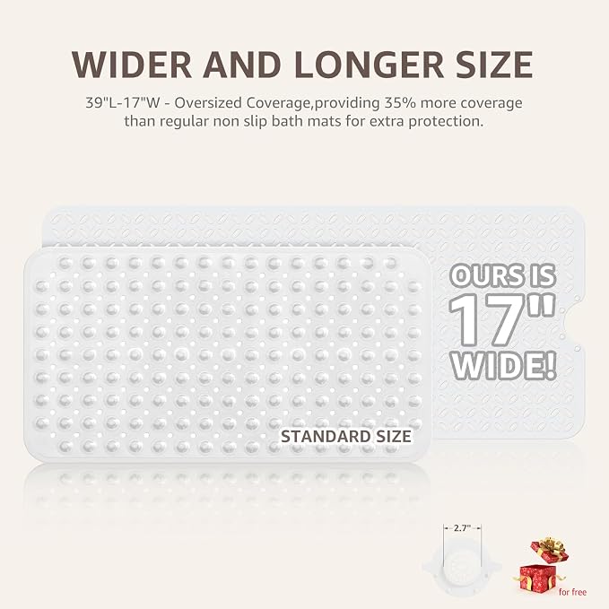 OTHWAY Bath Mat for Tub Non Slip: 39" X 17" Long Bathtub Mat with Hair Catcher│Big Drain Holes Shower Mats for Inside Shower│Machine Washable (White)