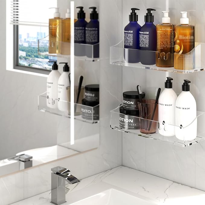 Acrylic Shower Shelves 3 Pack, Clear Adhesive Shower Caddy Organizer, Rustproof No Drill Wall Mount Bathroom & Kitchen Storage Rack