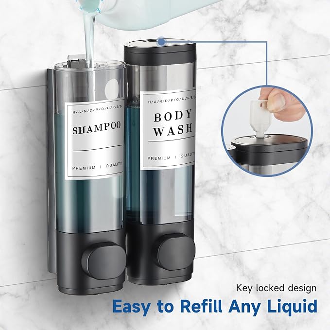 Shampoo and Conditioner Dispenser,Shower Dispenser 2 Chamber No Drill Wall-Mounted Shampoo Dispenser for Shower Wall Mounted Shower Dispenser for Bathroom Hotel,Matte Black1