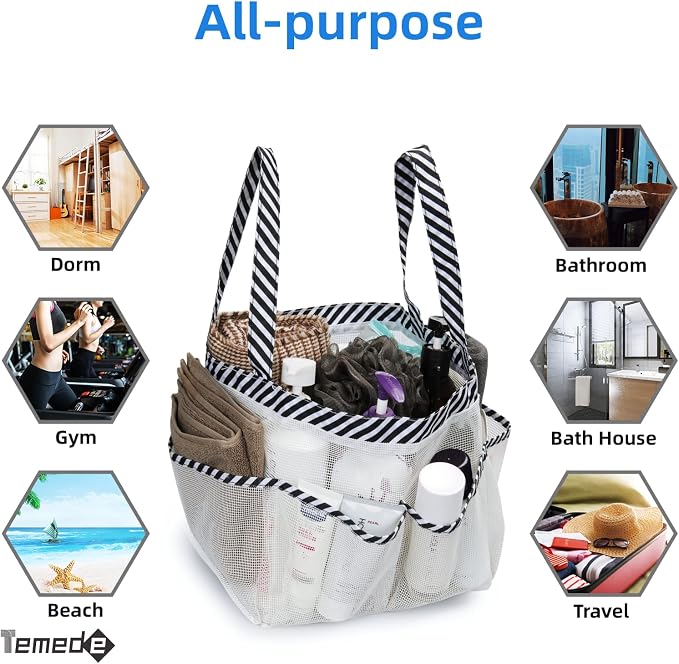 Temede Mesh Shower Caddy Portable for College Dorm Room Essentials, Large Capacity Shower Caddy Basket with 8 Pockets, Quick Dry Shower Tote Bag for Beach, Gym, Bathroom, Camp, Travel-White