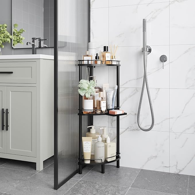 ELYKEN Corner Shower Caddy Standing, 3 Tier Rustproof Metal Shower Organizer with Soap Holder, Floor Shower Corner Shelf Rack Storage Stands with Adjustable Feet & 2 Hooks for Bathroom, Black