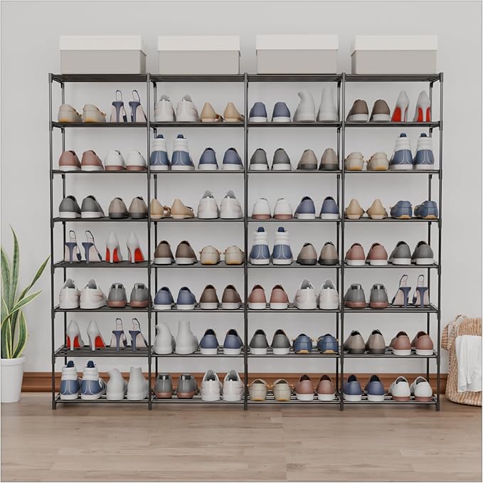 SMILHELTD Large Shoe Rack 4 Row 8 Tier for Entryway Holds 64 Pairs, Metal & Plastic Sneaker Shelves, DIY Assembly, Space Saving Storage Organizer for Garage Closet, 66.1" W x 49.2" H