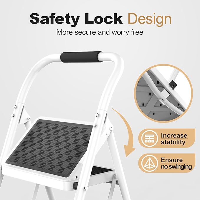HBTower Step Ladder, Folding Step Stool with Wide Anti-Slip Pedal, Sturdy Steel Ladder, Convenient Handrail, Lightweight, Portable Steel Step Stool