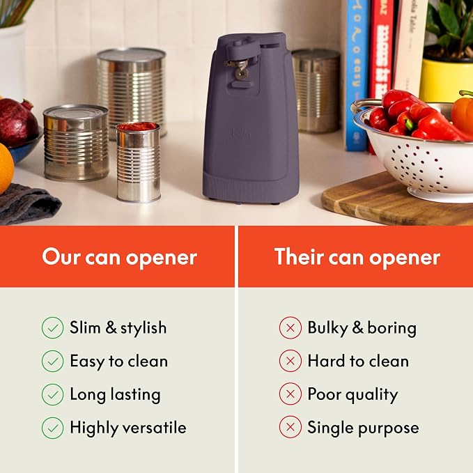 bella Electric Can Opener and Knife Sharpener, Removable Cutting Lever, Cord Storage, Stainless Steel Blade, Plum