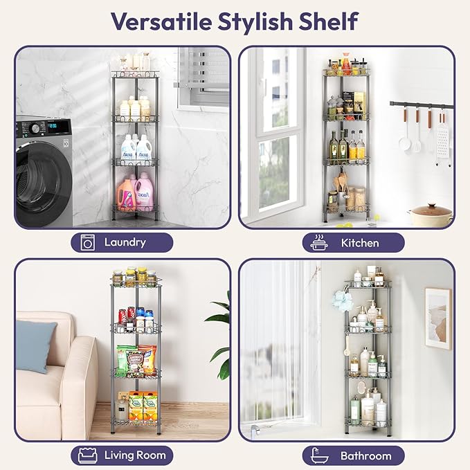 SWTYMIKI Standing Shower Caddy Corner - 4‑Tier Stainless Steel Shower Organizer Shelf with 12 Hooks and Adhesive Pads, Rustproof Corner Shelves Stand Rack for Bathroom Shower Room, Gray