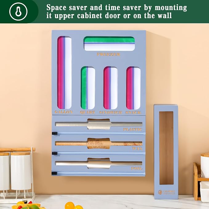 Calmbee 9 in 1 Bamboo Storage Bag Organizer for Kitchen Drawer – Plastic Wrap Dispenser with Cutter & Foil Organizer, Wooden Baggie Organizer for Sandwich, Snack, Gallon, Quart Sizes, Grey