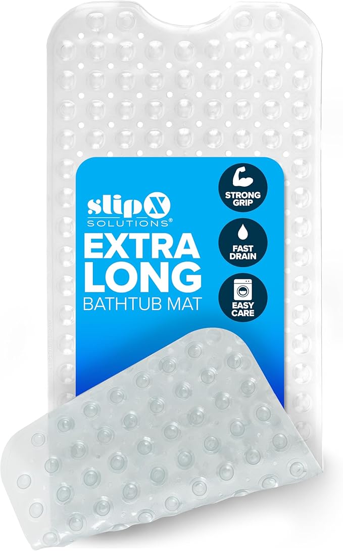 SlipX Solutions Power Grip Extra Long Bath Tub & Shower Mat 39x16, Wet Floor Non-Slip for Elderly & Kids Bathroom, 30% Longer Bathtub Mats, 200 Suction Cups, Drain Holes (1, Clear)