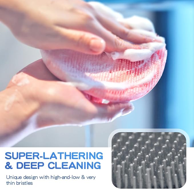 Manmihealth Silicone Back Scrubber(Thick Bristles) & Soft Bath Glove Set, Super-Exfoliating Body Scrubber & Super-Lathering Shower Brush Combination, with a Free Hook.(Gray)