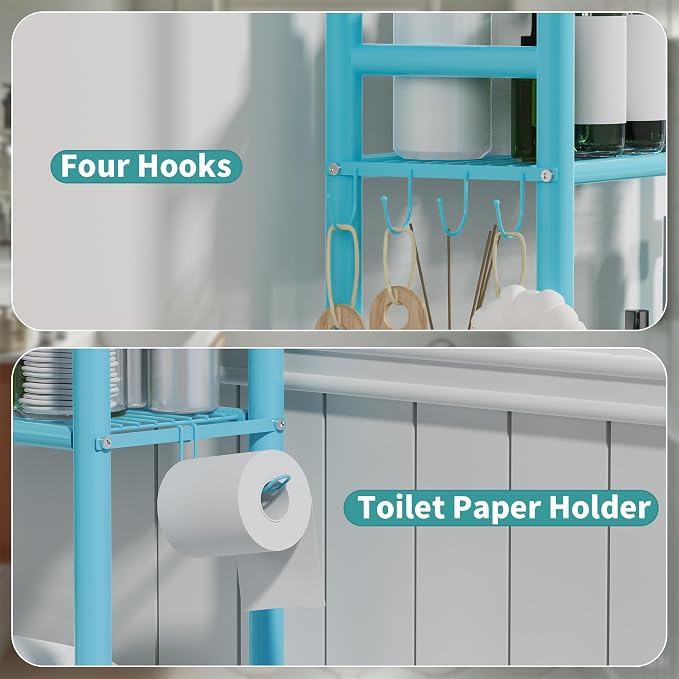 3-Tier Over The Toilet Storage Organizer, Space-Saving Bathroom Rack with Paper Holder & 4 Hooks, 64" Tall Freestanding Carbon Steel Shelf for Small Apartment Laundry Room (Blue)
