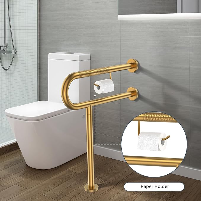 Toilet Grab Bar with Leg 24x28 Inch, ZUEXT Brushed Gold Knurled Toilet Support Bar with Toilet Paper Holder, Stainless Steel Wall & Floor Mounted Bathroom Support Rail for Elderly Disabled Pregnant