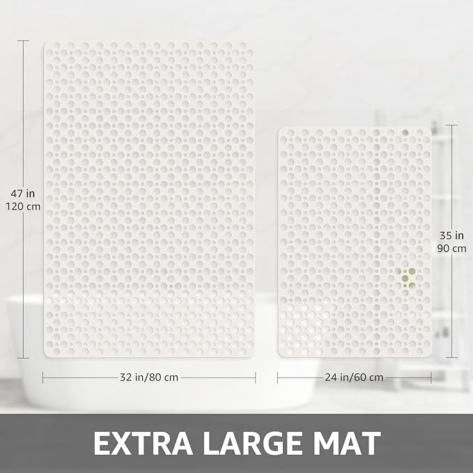 Yolife Extra Large Shower Mat 47x32 inch, Non Slip Shower Mat for Inside Shower with Drain Holes and Suction Cups for Bathroom, No Odor TPE Shower Floor Mat,White